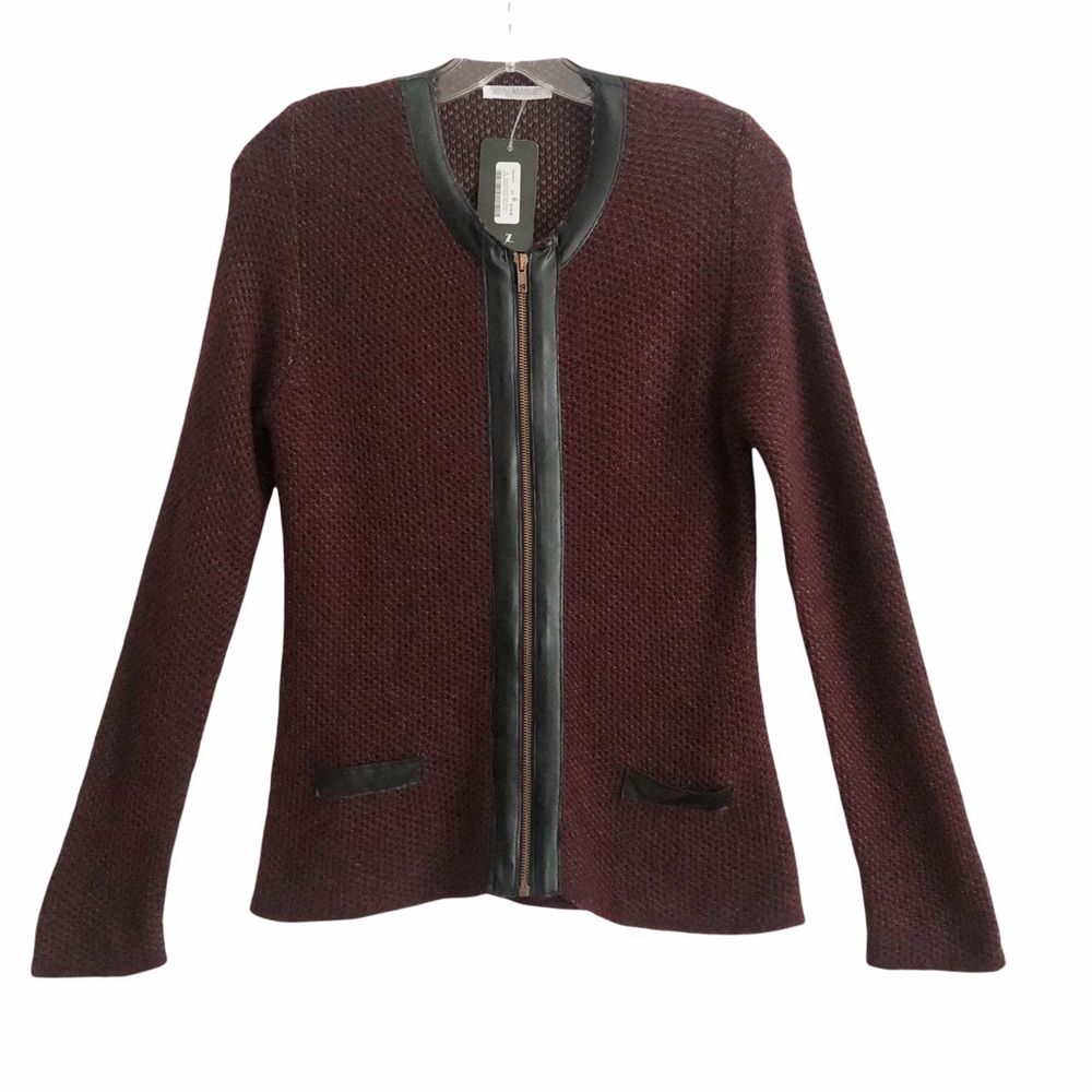 New Nara Maglie Burgundy Wool Black Leather Trim Zip Cardigan M